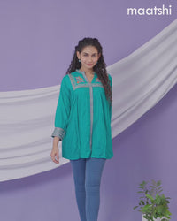 Cotton readymade short kurti teal green with plain body & embroidery work collar neck pattern without bottom