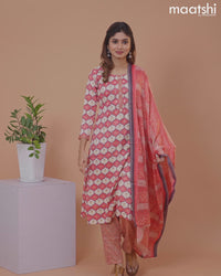 Rayon cotton salwar suit reddish pink and off white with allover prints & mirror work neck pattern and straight cut pant & dupatta