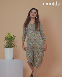 Cotton readymade kurti grey and multi colour with allover leaf prints & embroidery mirror work v neck pattern without pant