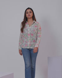 Women's shirt multi colour with allover floral prints and collar neck pattern