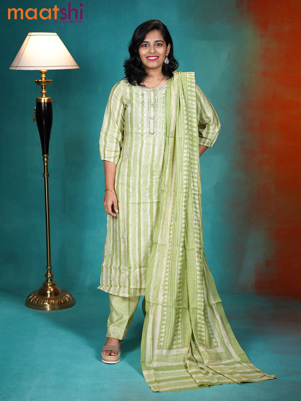 Modal readymade kurti set light green with embroidey work neck pattern and straight cut pant & dupatta