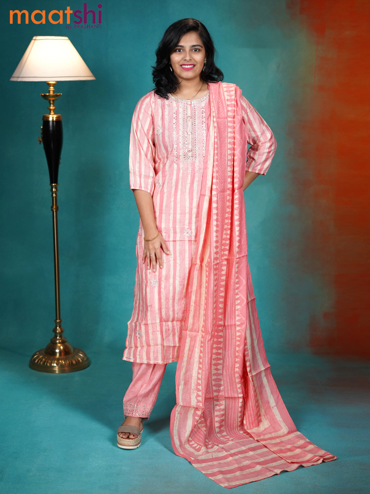 Modal readymade kurti set peach pink with embroidey work neck pattern and straight cut pant & dupatta