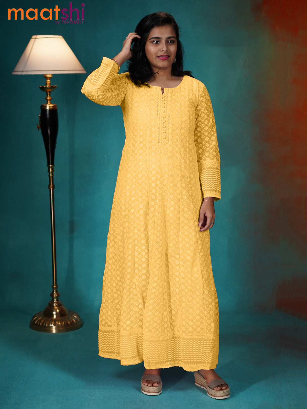 Semi georgette anarkali readymade kurti yellow with chikankari work without pant