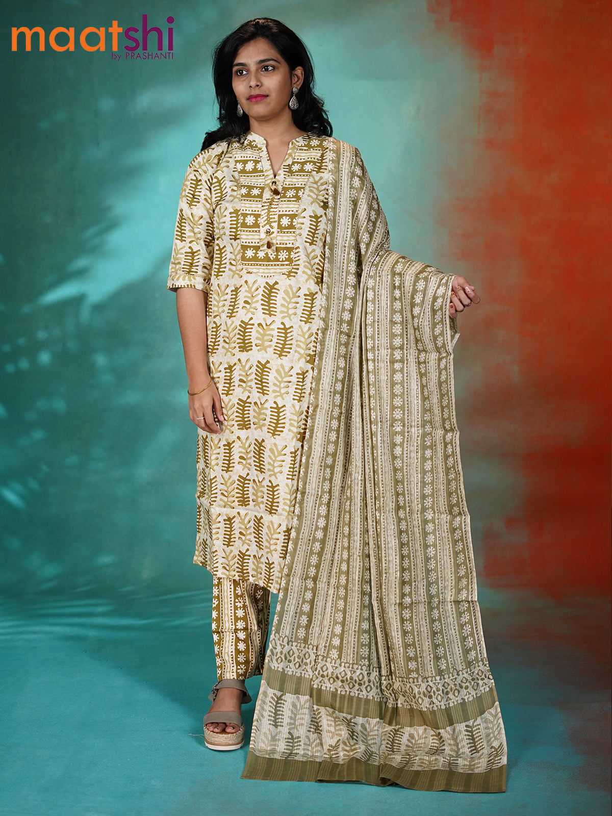 Modal readymade kurti set off white and mehendi green with allover prints & gottapatti lace work neck pattern and straight cut pant & cotton dupatta