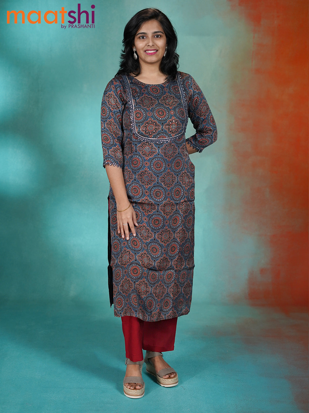 Modal readymade kurti blue with allover ajrakh prints & gottapatti lace work neck pattern without pant