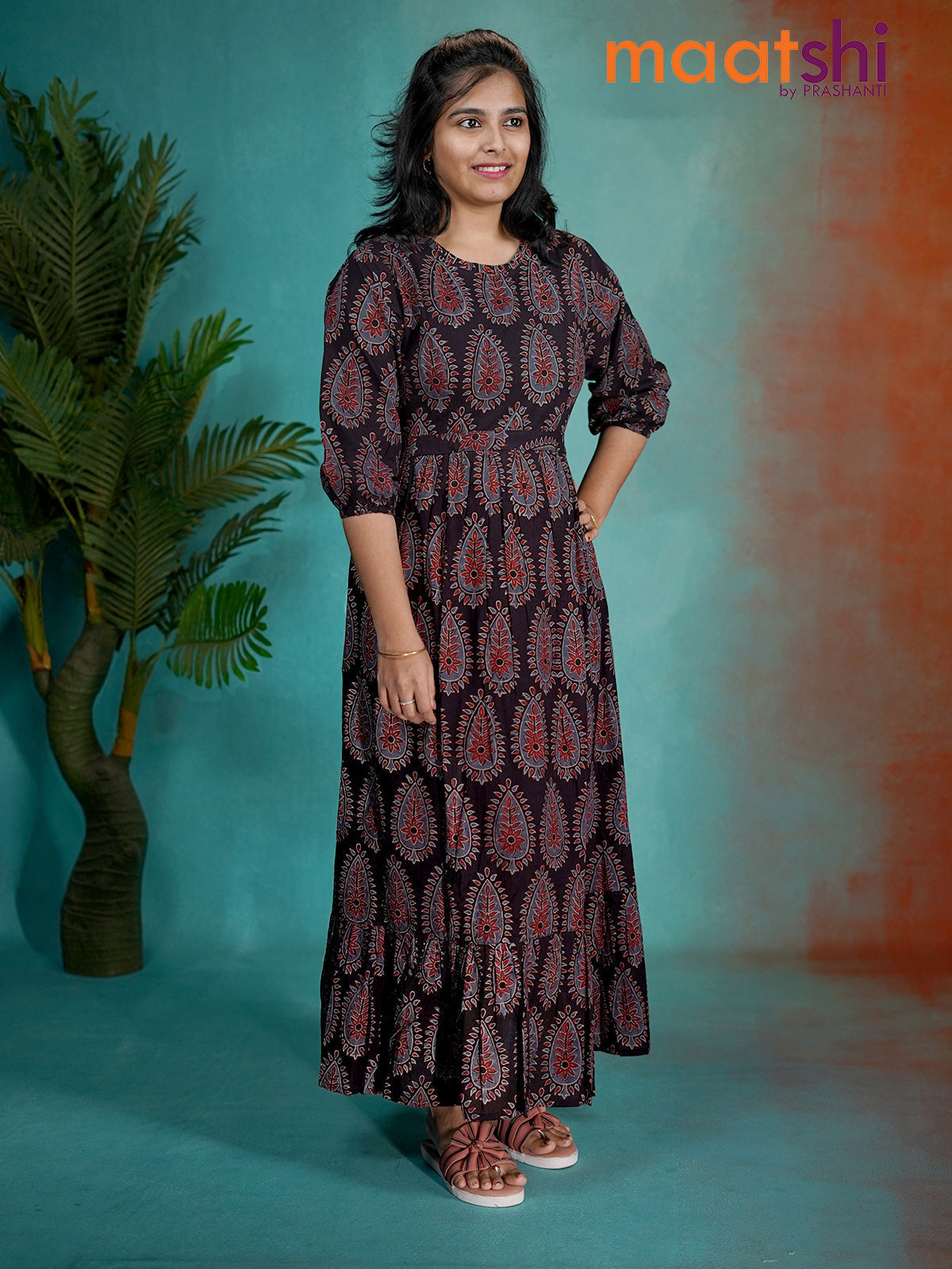 Cotton umbrella readymade kurti black with allover ajrakh prints without pant