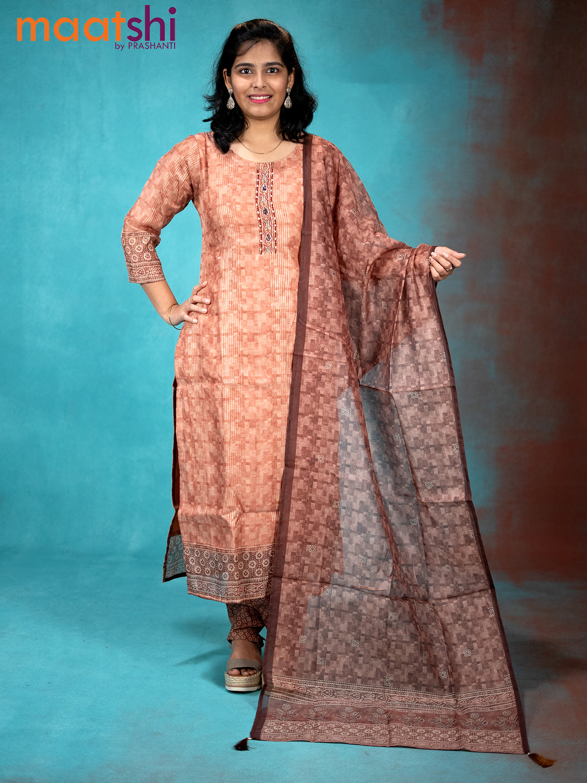 Chanderi readymade kurti set peach shade and brown shade with sequin work & beaded neck pattern and straight cut pant & dupatta