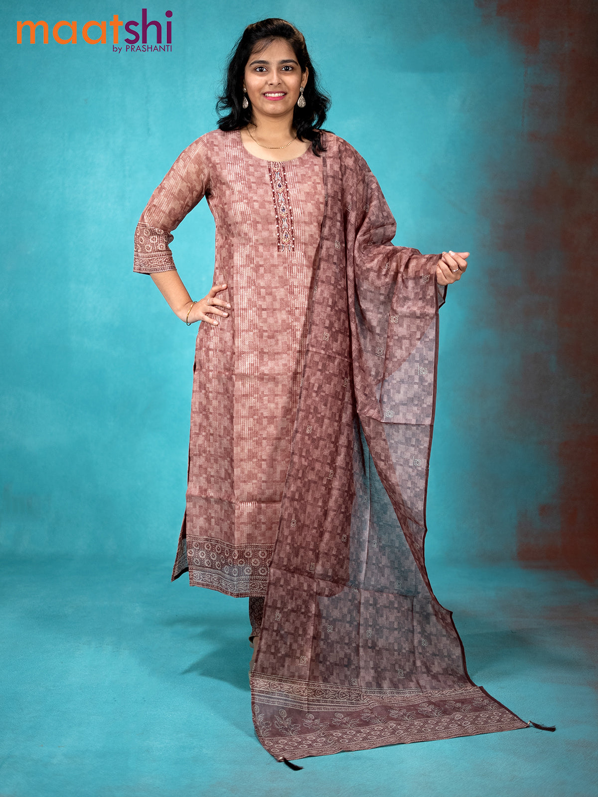 Chanderi readymade kurti set pastel maroon shade and brown shade with sequin work & beaded neck pattern and straight cut pant & dupatta