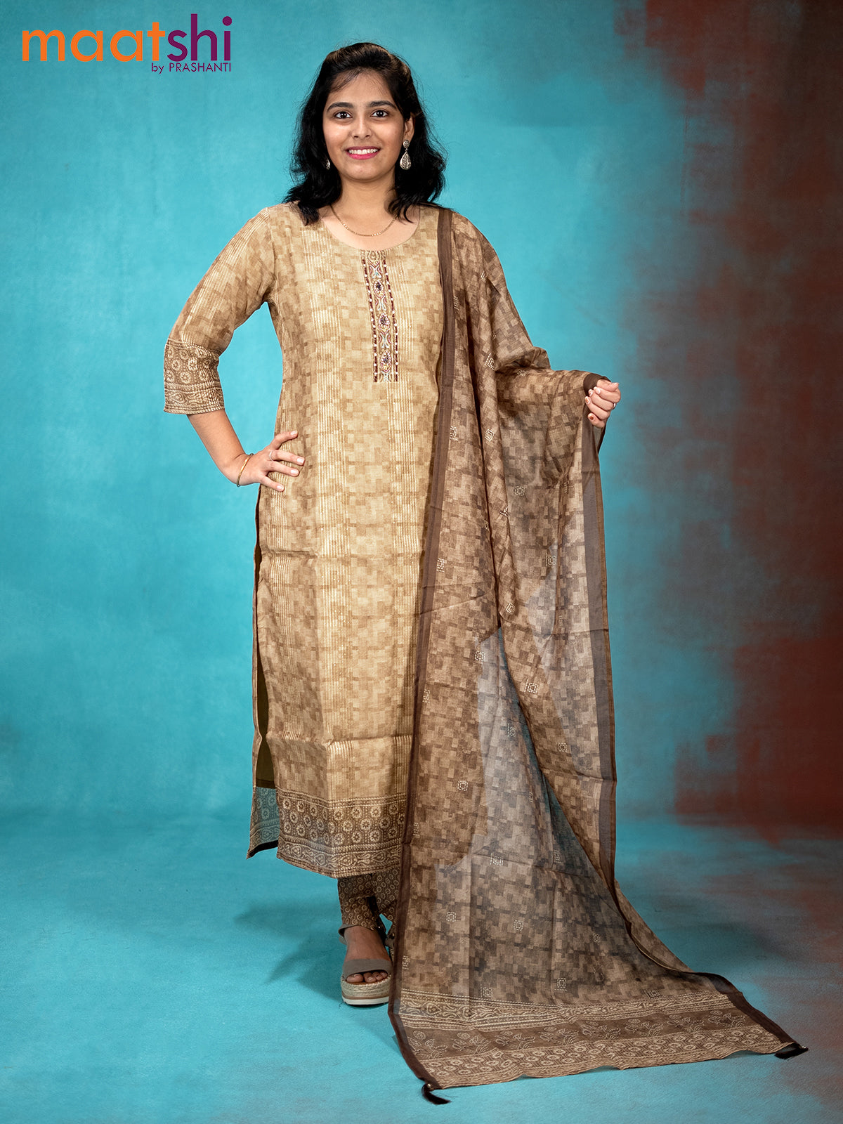 Chanderi readymade kurti set sandal and brown shade with sequin work & beaded neck pattern and straight cut pant & dupatta