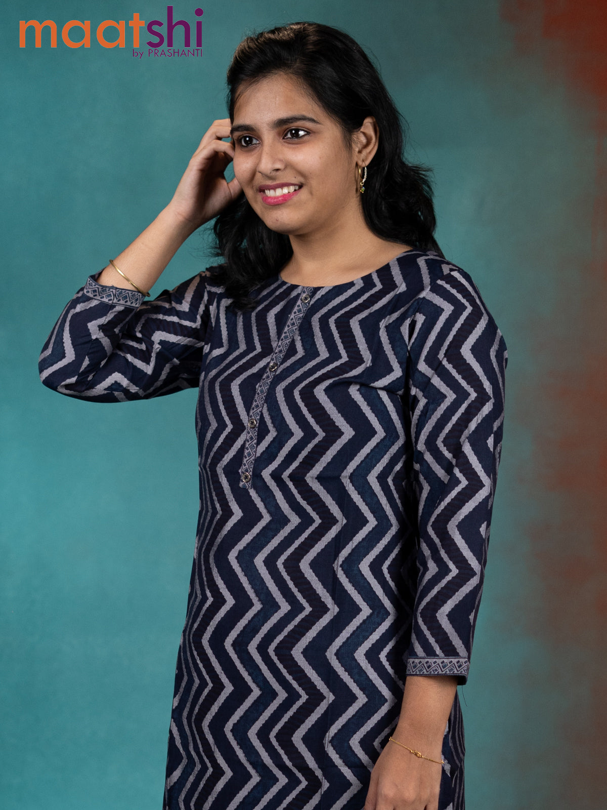 Muslin readymade kurti indigo blue with allover zig zag prints & simple neck pattern without pant