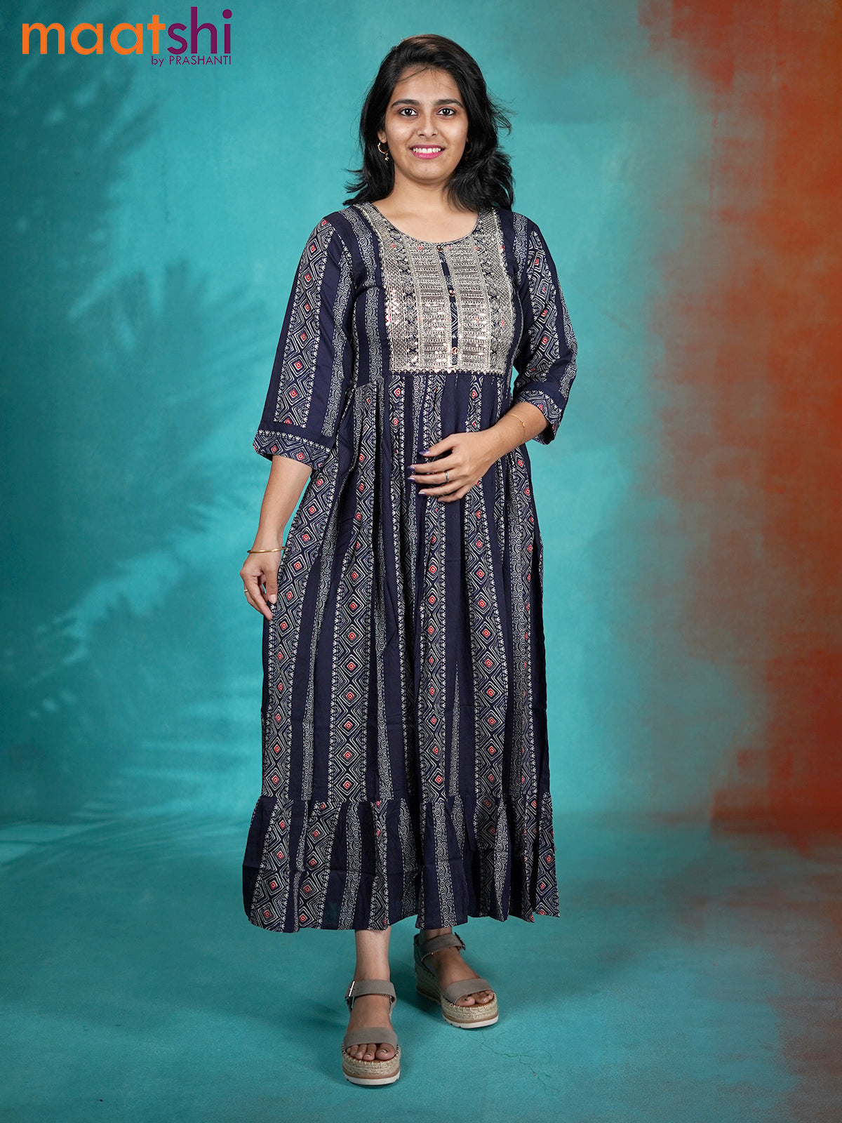 Muslin umbrella readymade kurti navy blue with allover geometric prints & sequin work neck pattern without pant