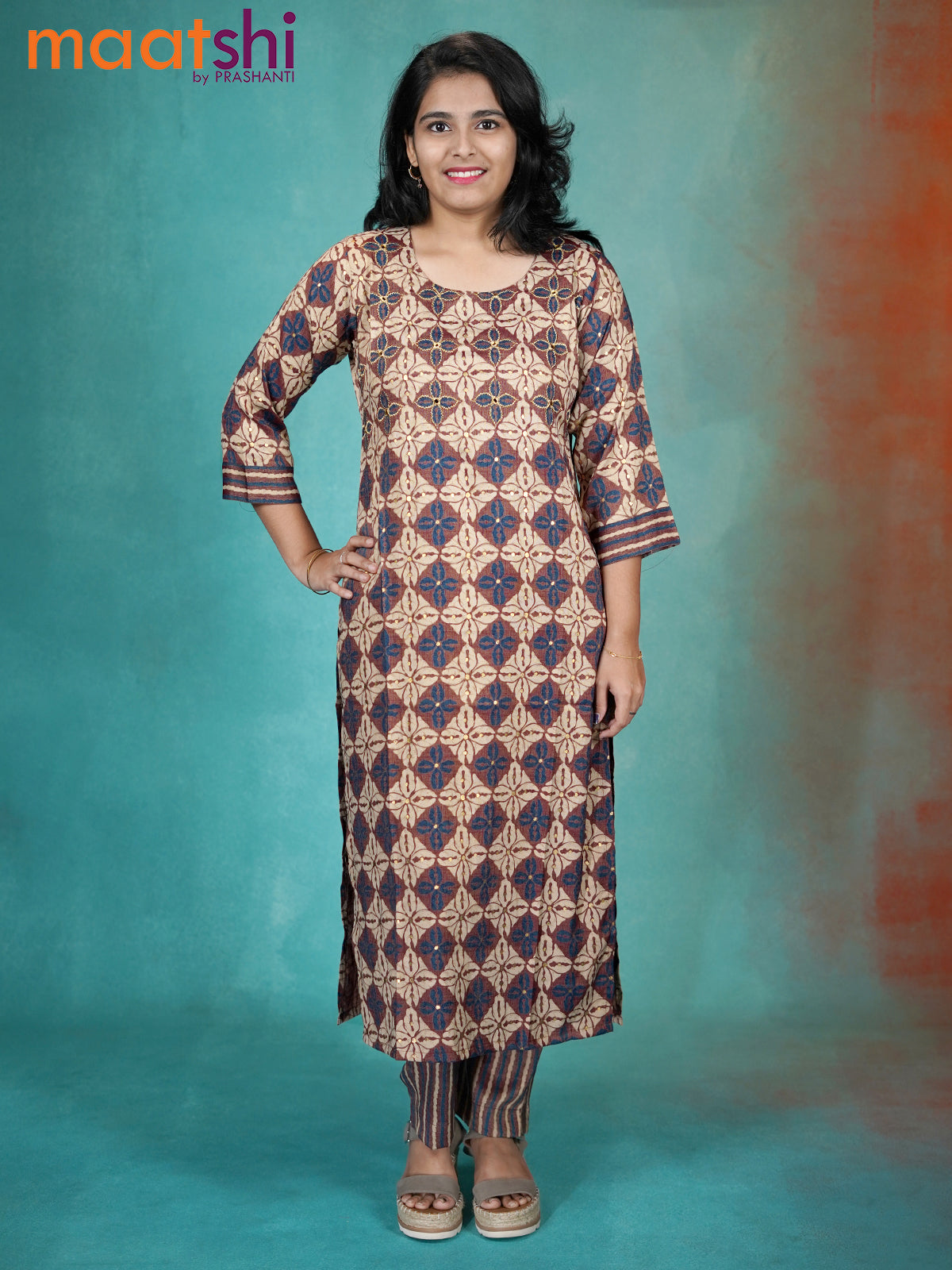 Cotton readymade kurti maroon shade and beige with allover prints & embroidery miirror work neck pattern and straight cut pant