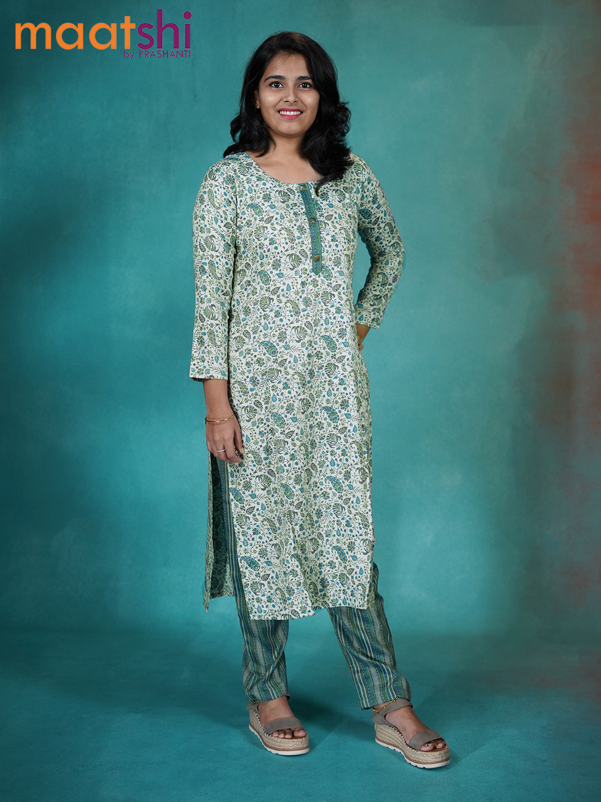 Cotton readymade kurti cream and blue grey with allover floral prints & patch work neck pattern and straight cut pant