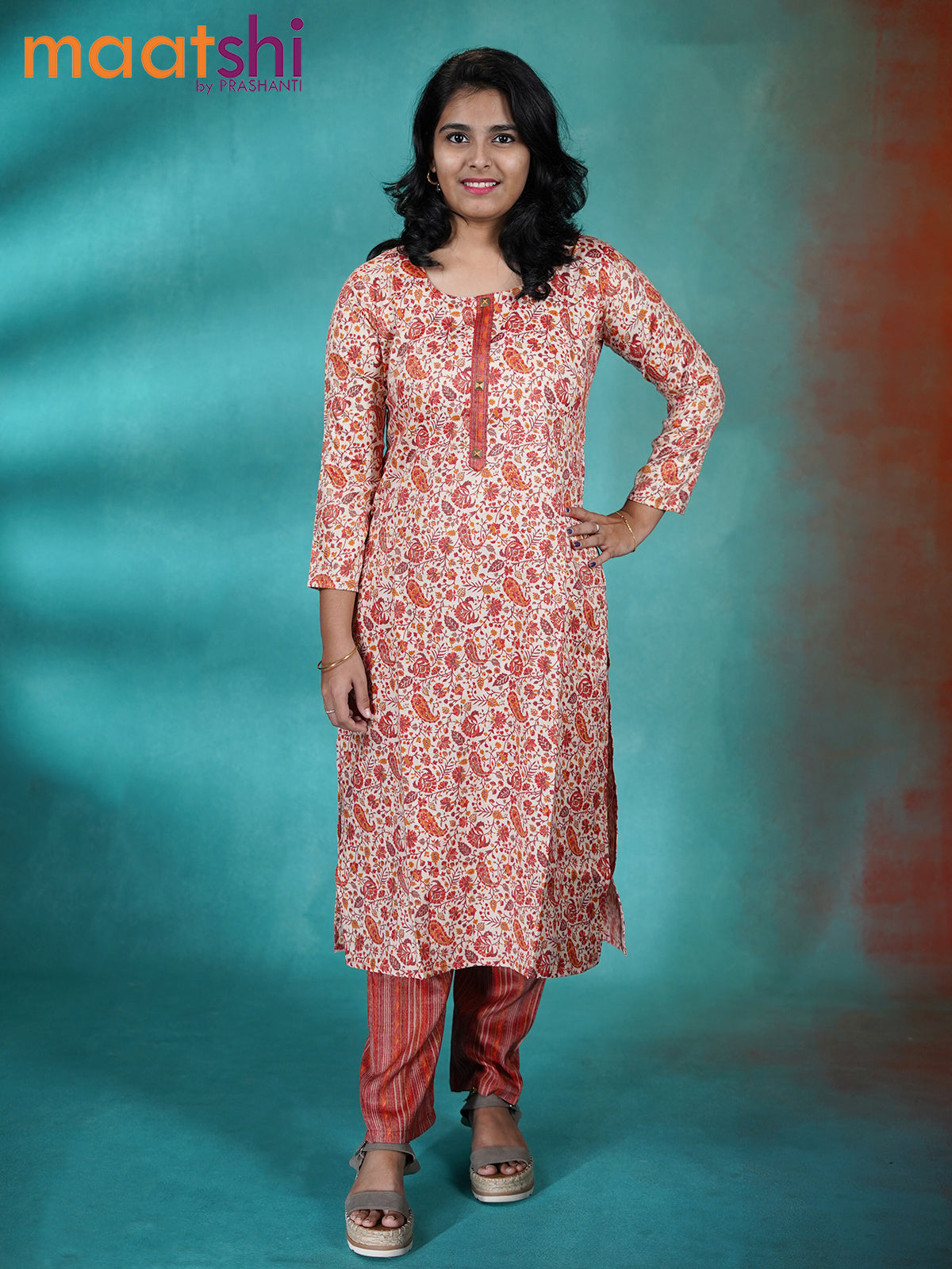 Cotton readymade kurti cream and orange with allover floral prints & patch work neck pattern and straight cut pant