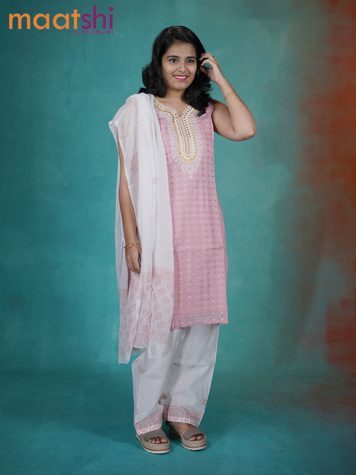 Chanderi readymade kurti set pastel pink and off white with allover embroidery neck pattern and straight cut pant & chiffon dupatta