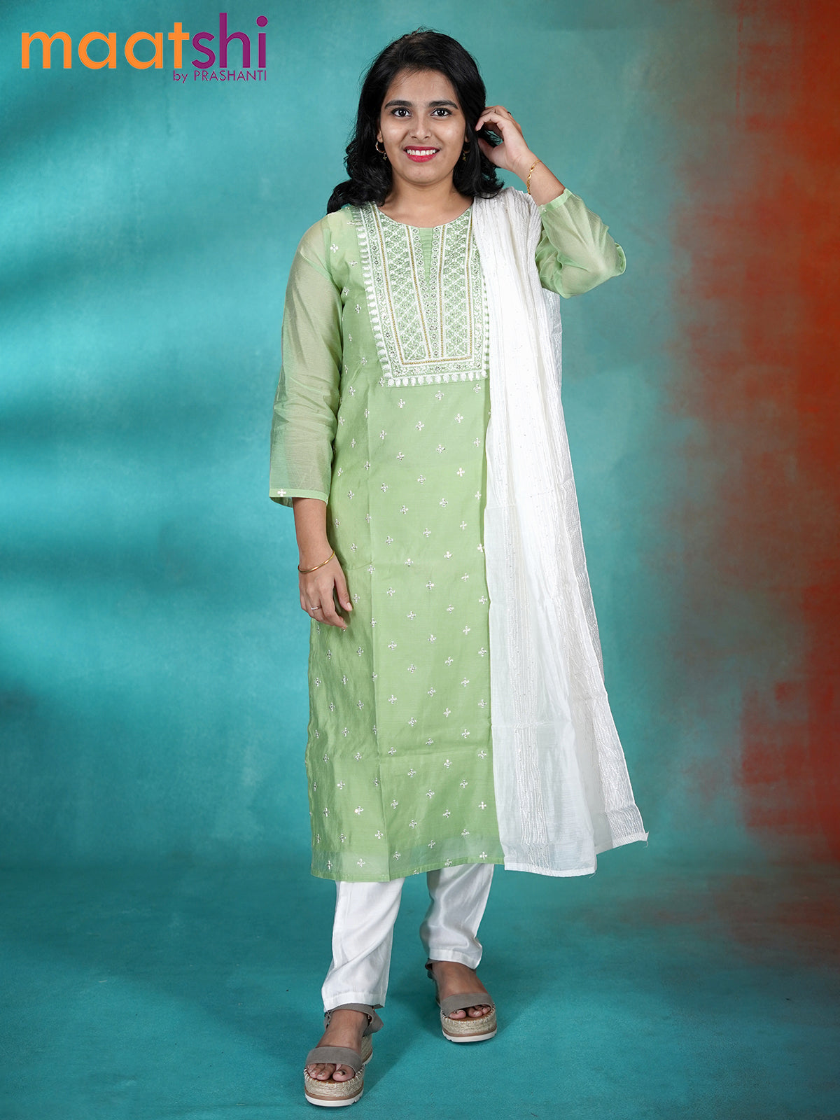 Chanderi readymade kurti set pastel green and off white with allover embroidery & sequin work neck pattern and straight cut pant & dupatta