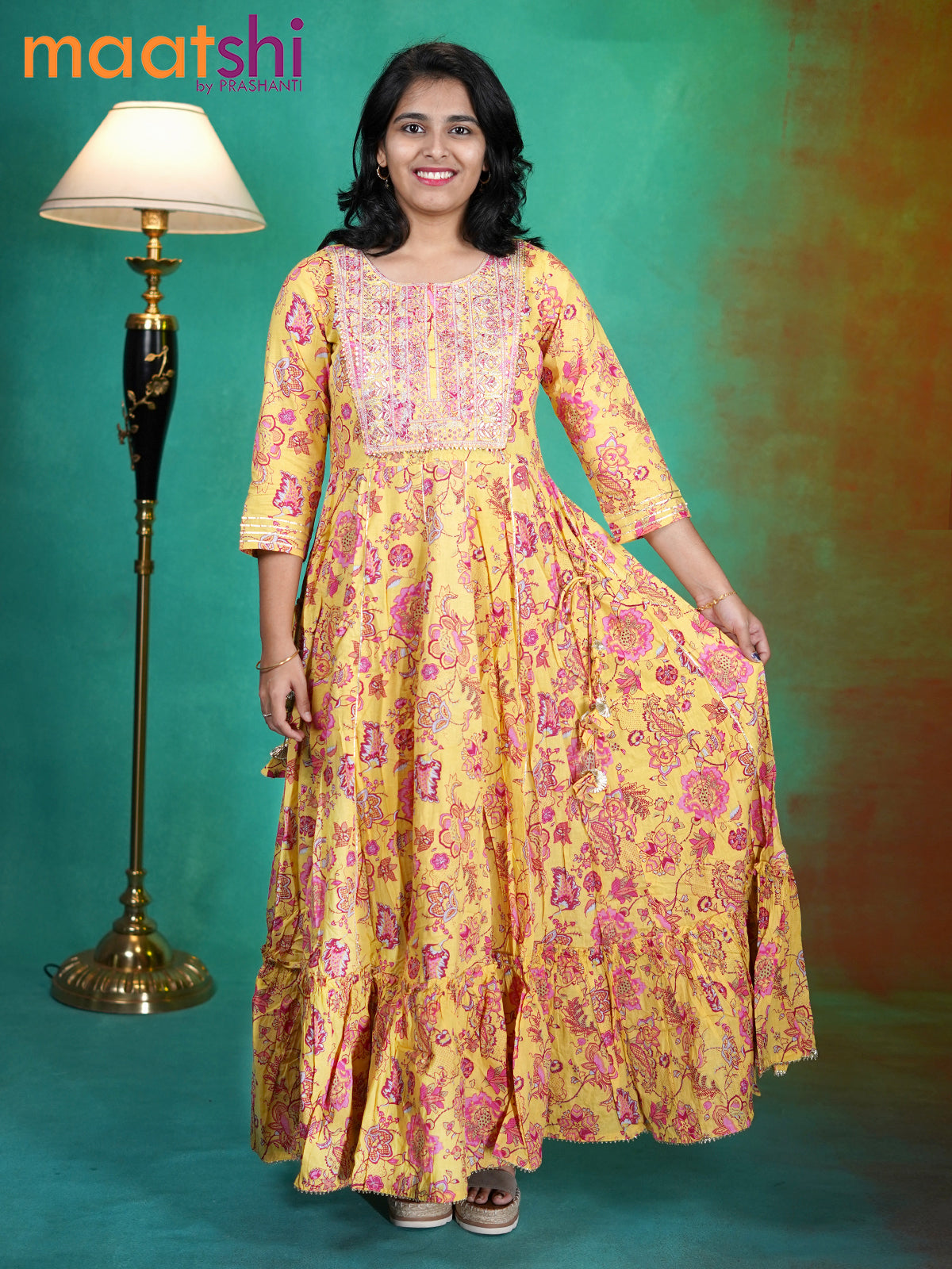 Cotton readymade anarkali kurti yellow with allover floral prints & sequin work neck pattern without pant