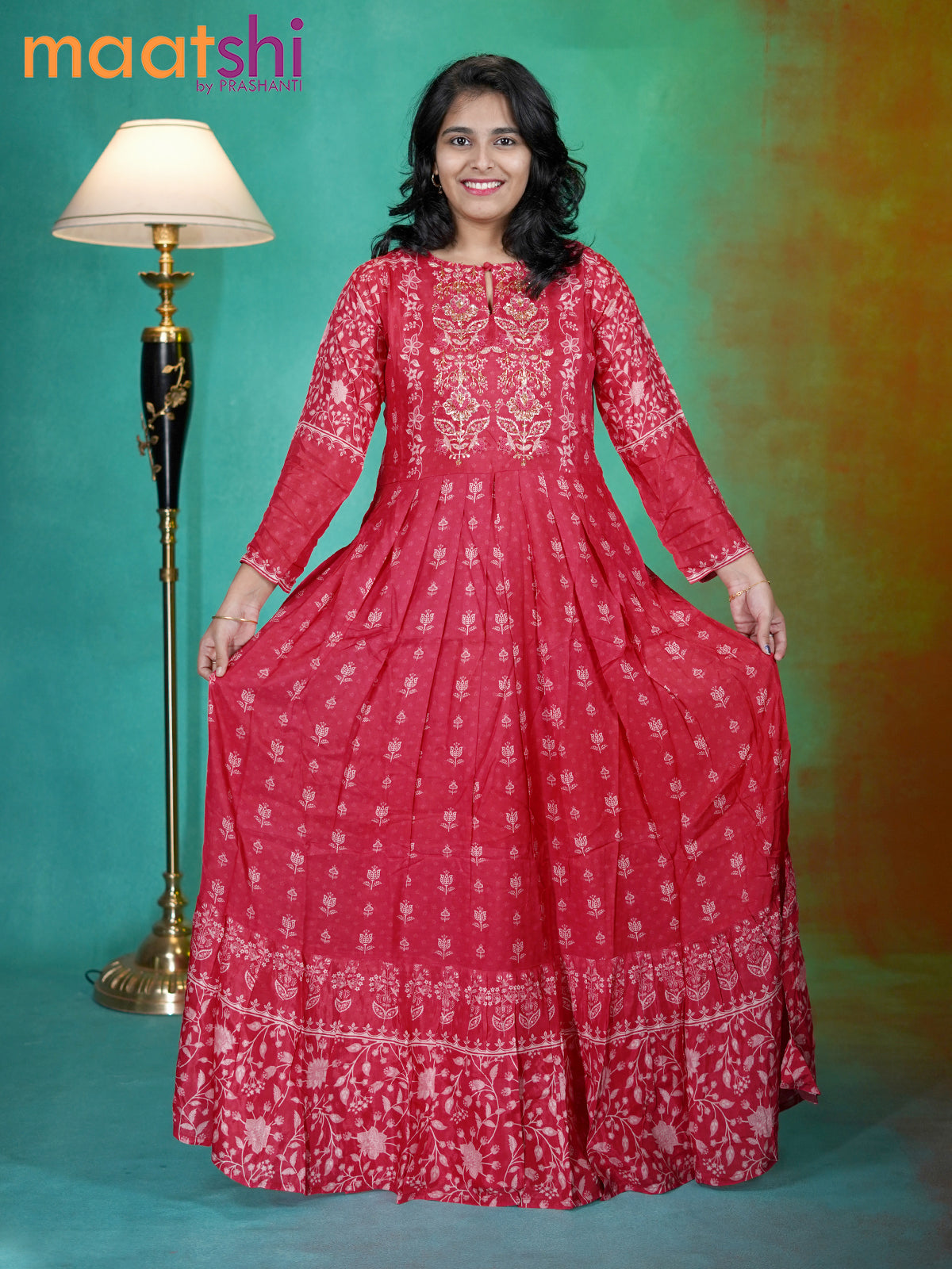 Muslin readymade anarkali kurti pink shade with allover prints & zardosi work neck pattern without pant