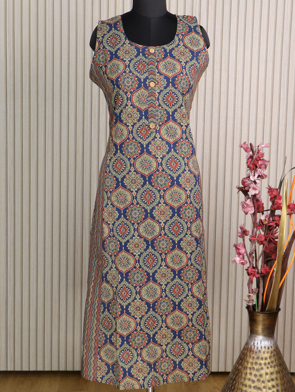 Cotton readymade kurti blue with allover ajrakh prints without pant - sleeve attached