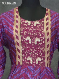 Muslin readymade umberlla kurti purple shade with allover prints & beaded neck pattern