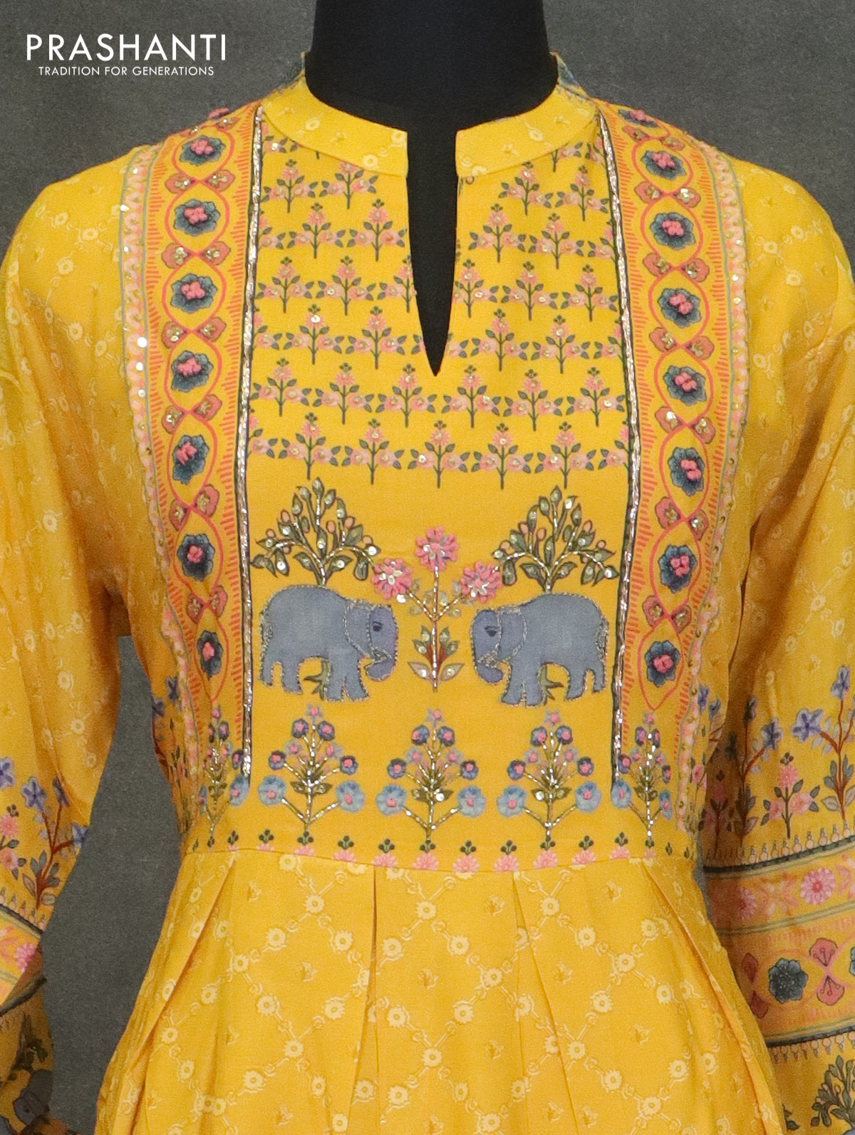 Muslin readymade umberlla kurti yellow with allover floral prints & chamki neck pattern