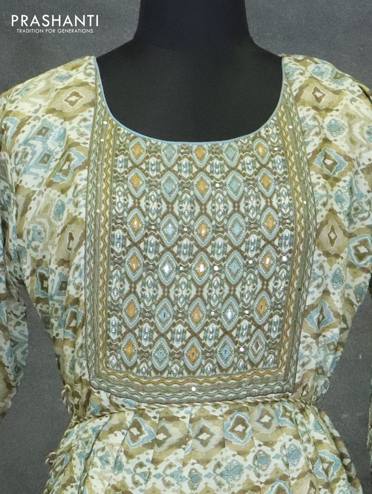 Muslin readymade umberlla kurti pastel green with allover prints & beaded neck pattern