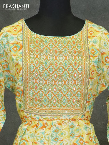 Muslin readymade umberlla kurti yellow shade with allover prints & beaded neck pattern