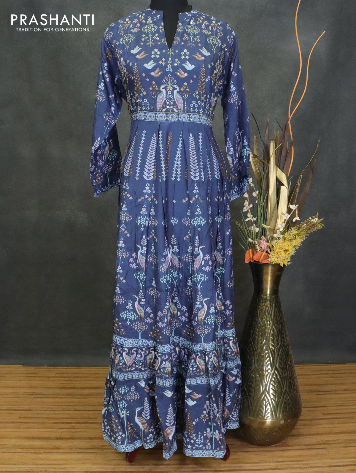 Muslin readymade umberlla kurti blue with allover prints & chamki beaded neck pattern