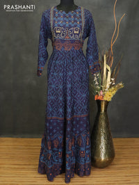 Muslin readymade umberlla kurti navy blue with allover bandhani prints & chamki neck pattern