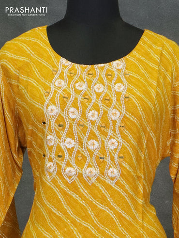 Modal readymade kurti mustard yellow with allover bandhani prints & mirror neck pattern