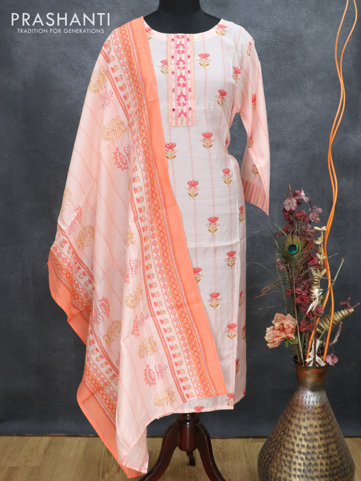 Pure muslin readymade kurti peach pink with floral prints & embroided gotapatti lace neck pattern and straight cut pant & dupatta