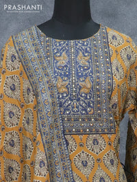 Pure muslin readymade kurti mustard and blue with allover butta prints and straight cut pant & dupatta