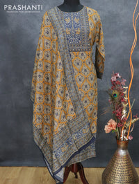 Pure muslin readymade kurti mustard and blue with allover butta prints and straight cut pant & dupatta