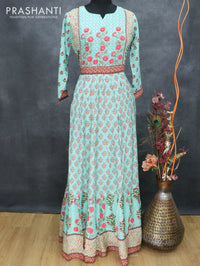 Pure muslin readymade umbrella kurti teal green with allover prints & embroidery neck pattern without pant