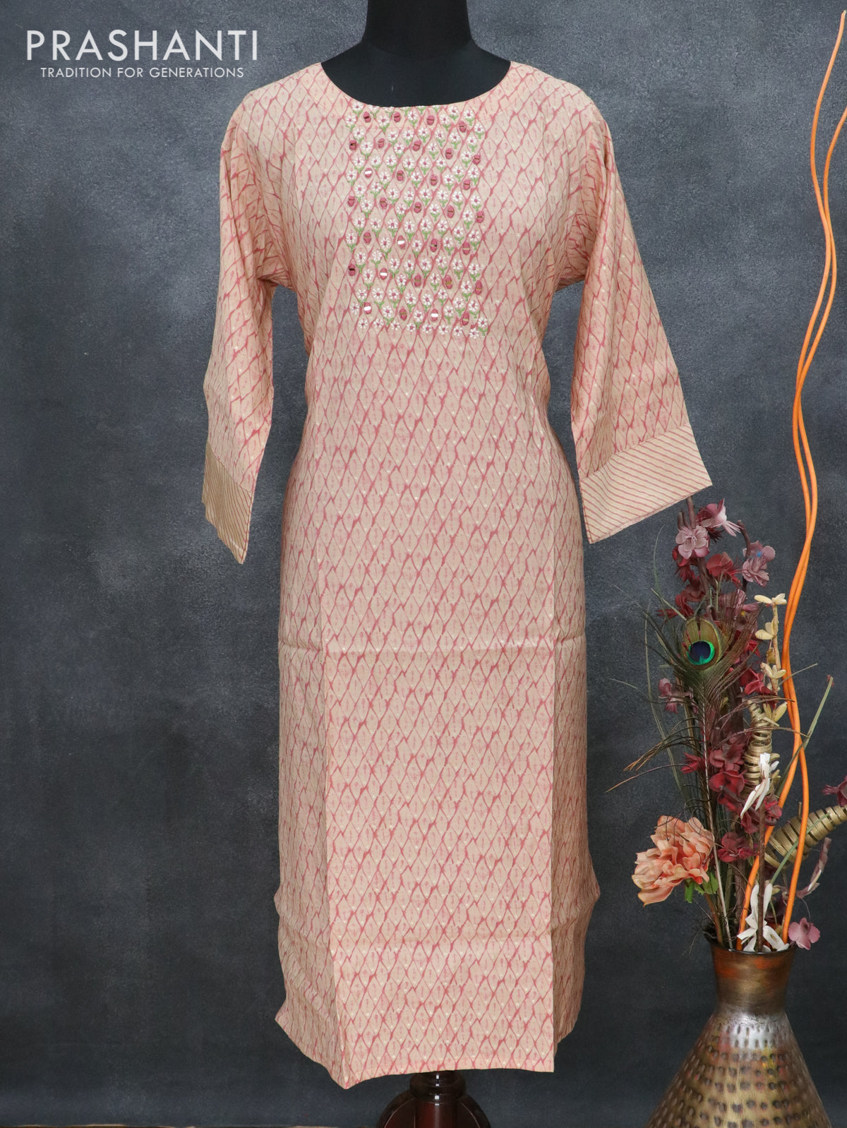 Pure muslin readymade kurti pastel peach with allover prints & embroidery mirror neck pattern and straight cut pant