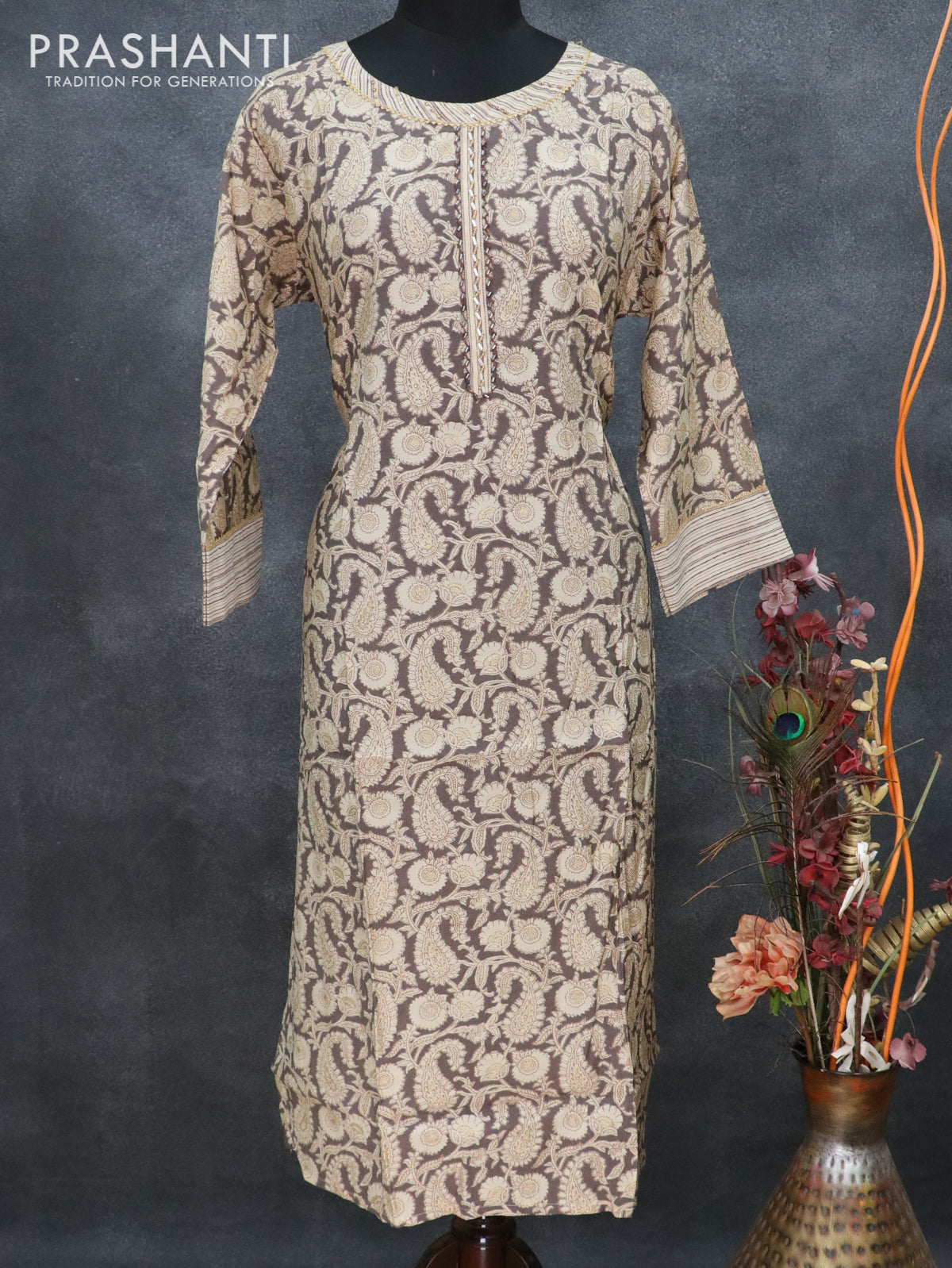 Pure muslin readymade kurti brown and beige with allover prints & beaded neck pattern and straight cut pant