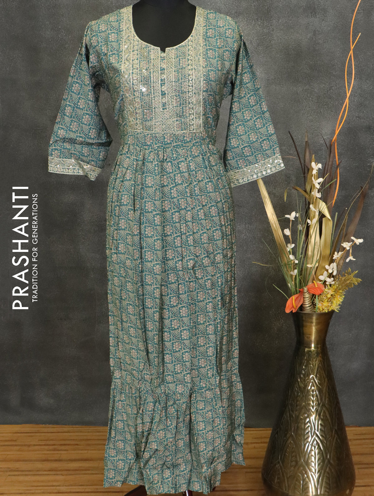 Modal readymade umberlla kurti green with chamki embroided neck pattern