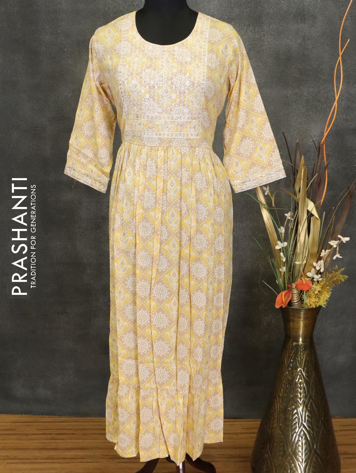 Slub cotton readymade umberlla kurti yellow and beige with chamki embroided neck pattern