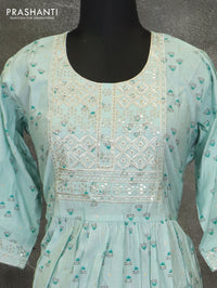 Modal readymade umberlla kurti pastel green with chamki embroided neck pattern