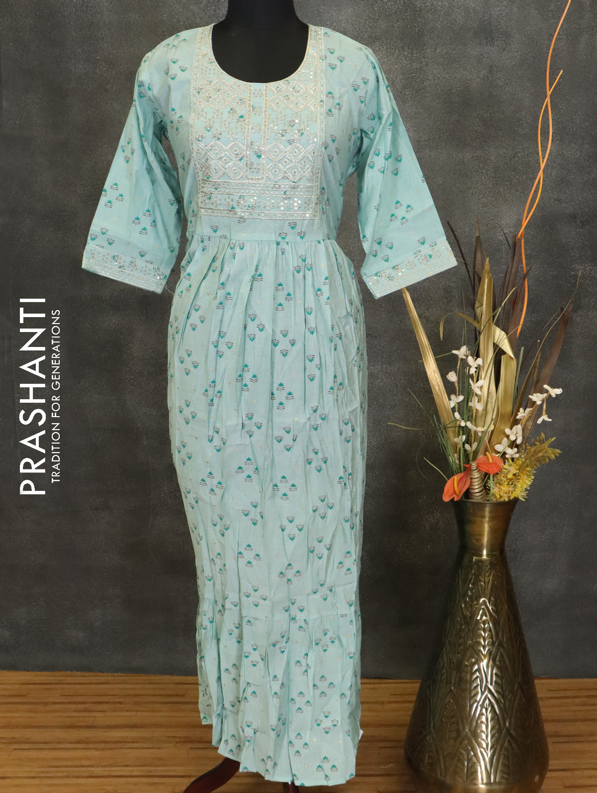 Modal readymade umberlla kurti pastel green with chamki embroided neck pattern