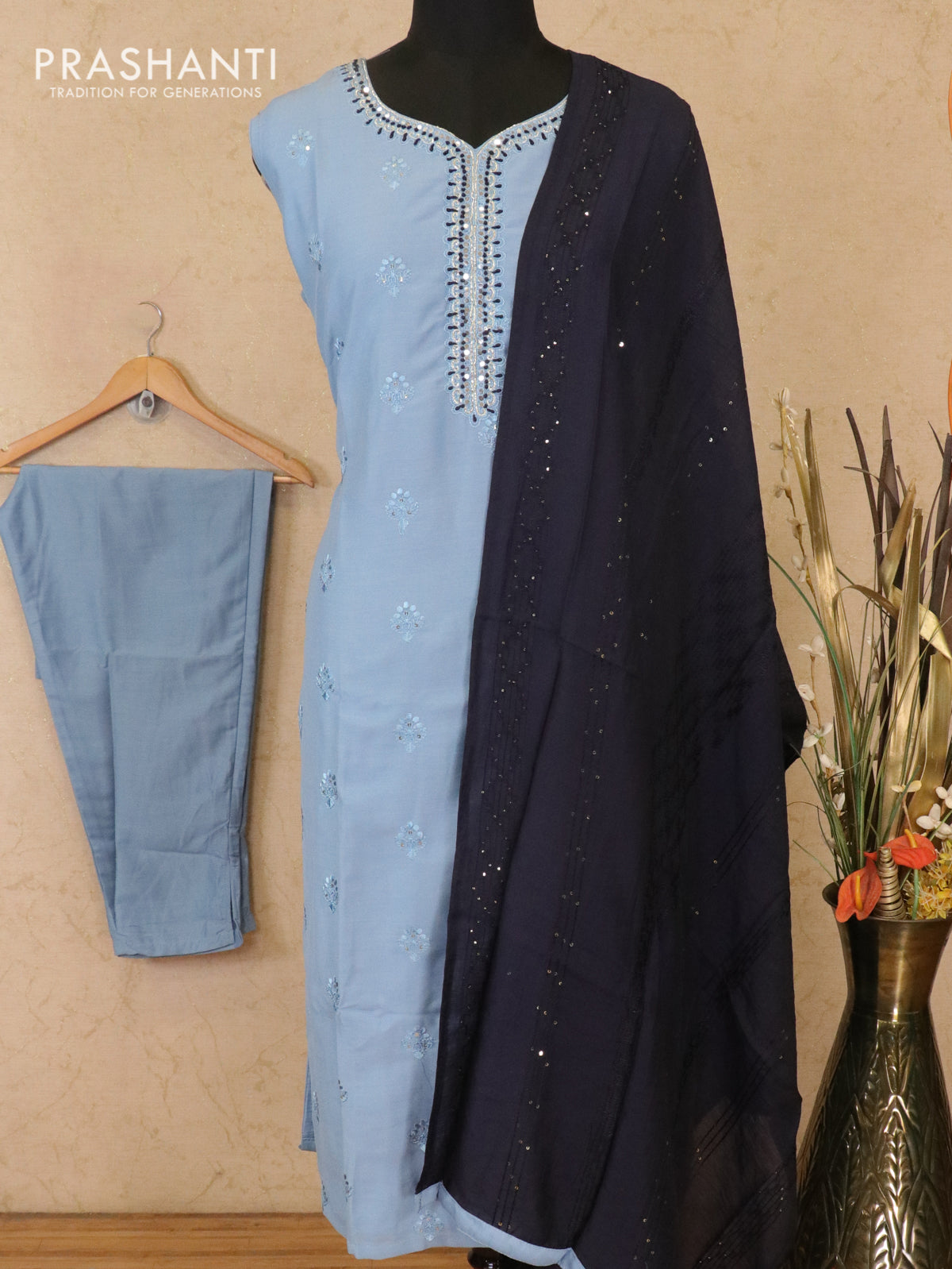 Modal readymade kurti blue shade with embroided mirror neck pattern and straight cut pant & dupatta