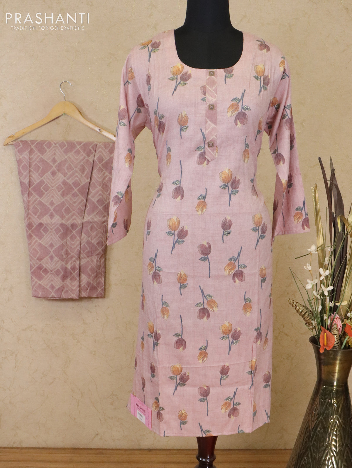 Slub cotton readymade kurti pastel pink with floral prints & patch work neck pattern and straight cut pant