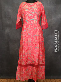 Silk readymade umberlla kurti pink and with allover prints and embroided neck pattern