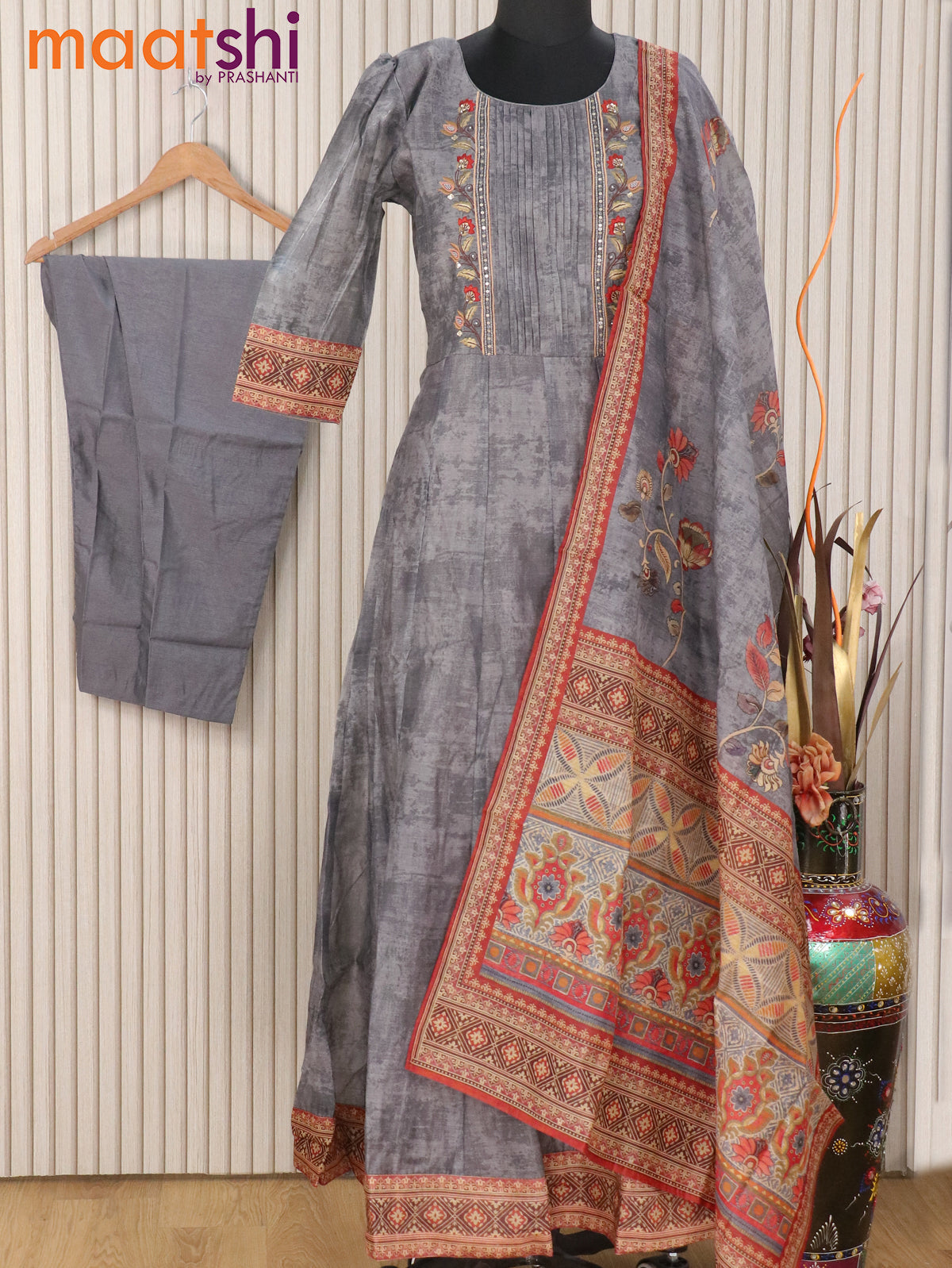 Chanderi readymade anarkali suit grey with embroidery & beaded work neck pattern and straight cut pant & dupatta