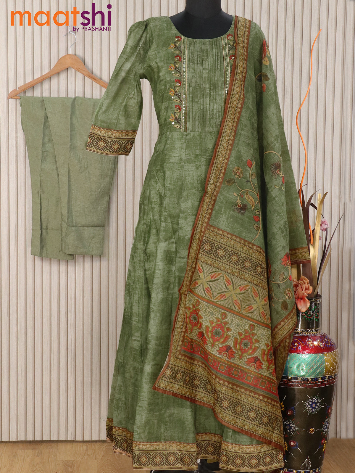 Chanderi readymade anarkali suit pastel green with embroidery & beaded work neck pattern and straight cut pant & dupatta