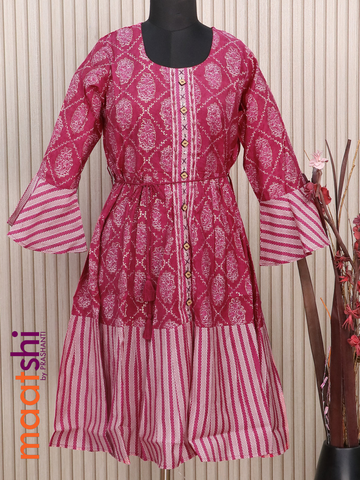 Muslin readymade short umbrella kurti pink with allover prints & embroidery work neck pattern without pant