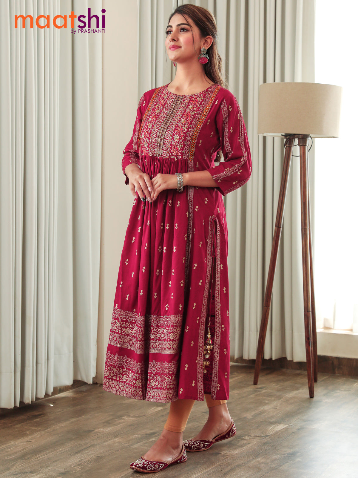 Rayon readymade naira cut kurti pink with allover butta prints & embroidery neck pattern without pant