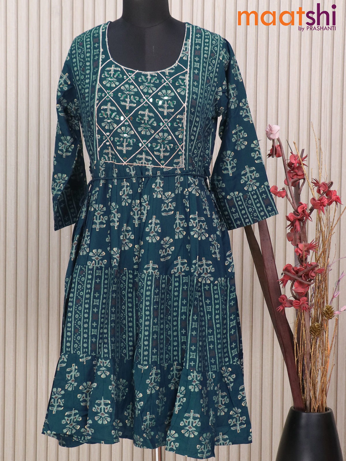 Muslin reaymade short umbrella kurti peacock blue with allover prints & mirror work neck pattern without pant