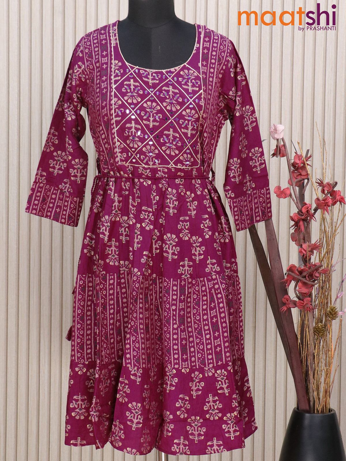 Muslin reaymade short umbrella kurti dark magenta with allover prints & mirror work neck pattern without pant