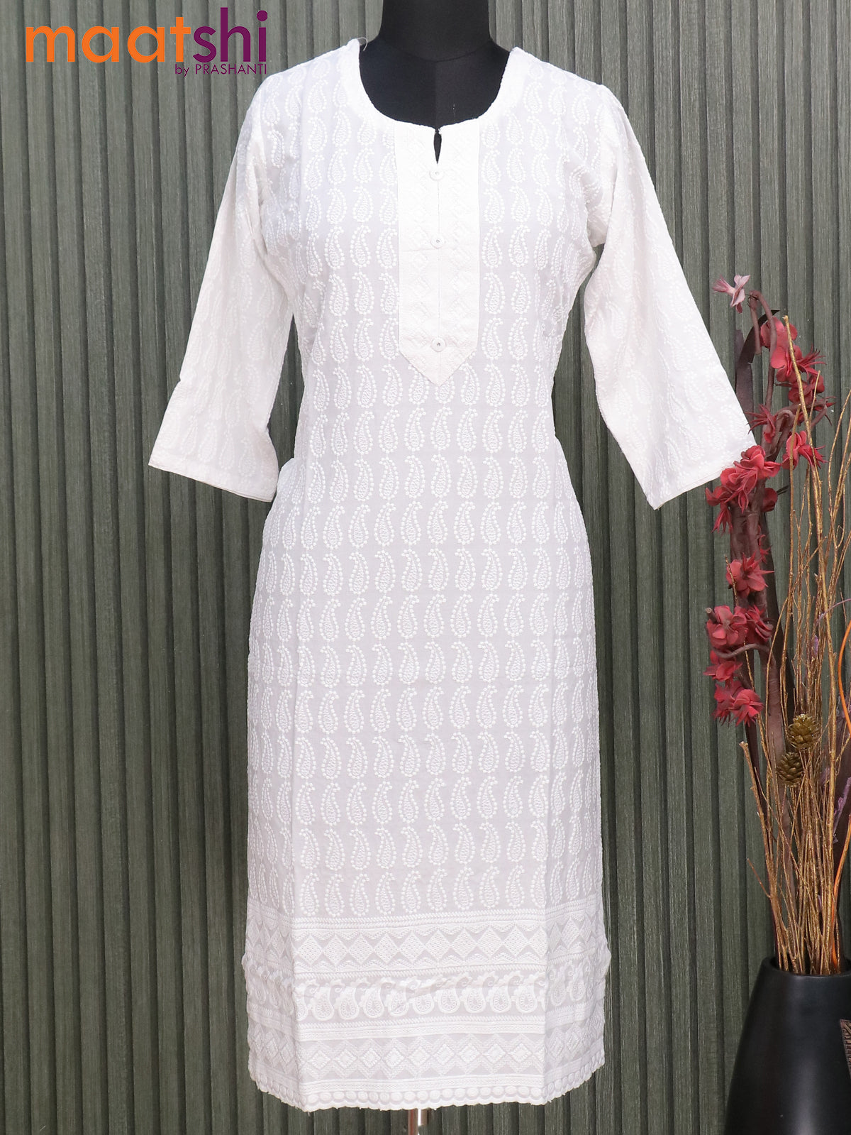 Soft cotton readymade kurti off white with allover chikankari work & simple neck pattern without pant